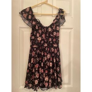 Stitch & Pine Black Floral Smocked Off Shoulder Flutter Sleeve Mini Dress Size S
